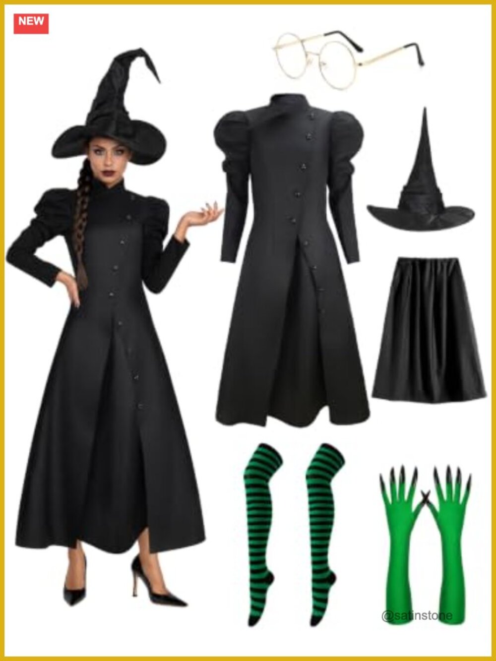 Women's Witch Costume Set Puff Sleeve Dress Hat Gloves Cosplay Halloween